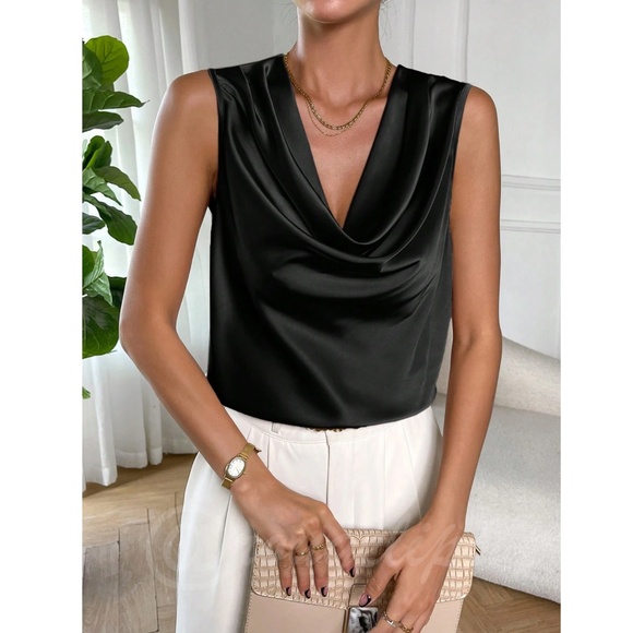 Satin Draped Cowl Neck Sleeveless Blouse Black - Picture 7 of 8